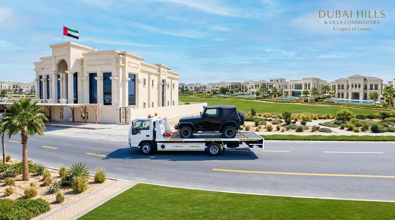 Flatbed recovery truck carrying an SUV through a Dubai villa community.