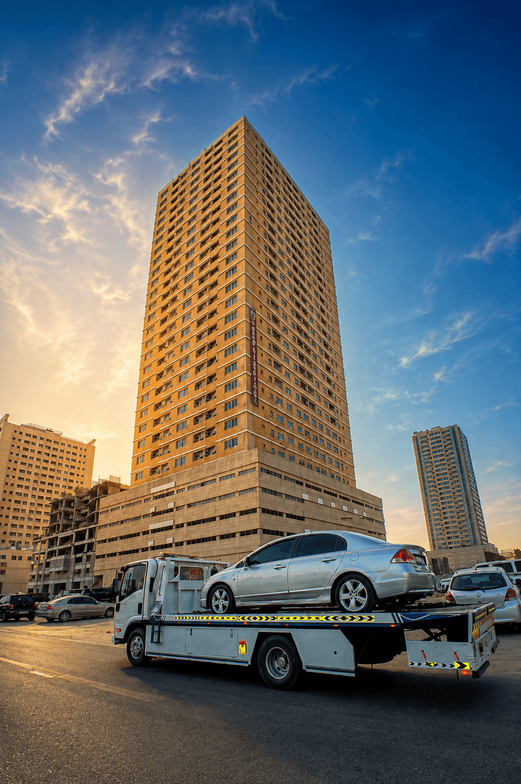 Flatbed tow truck with a car in Dubai