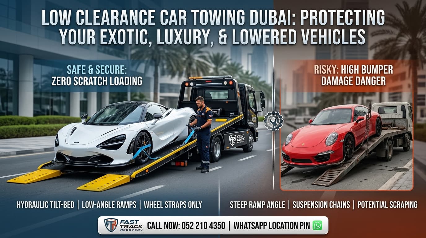 Low clearance car being loaded onto a recovery truck in Dubai