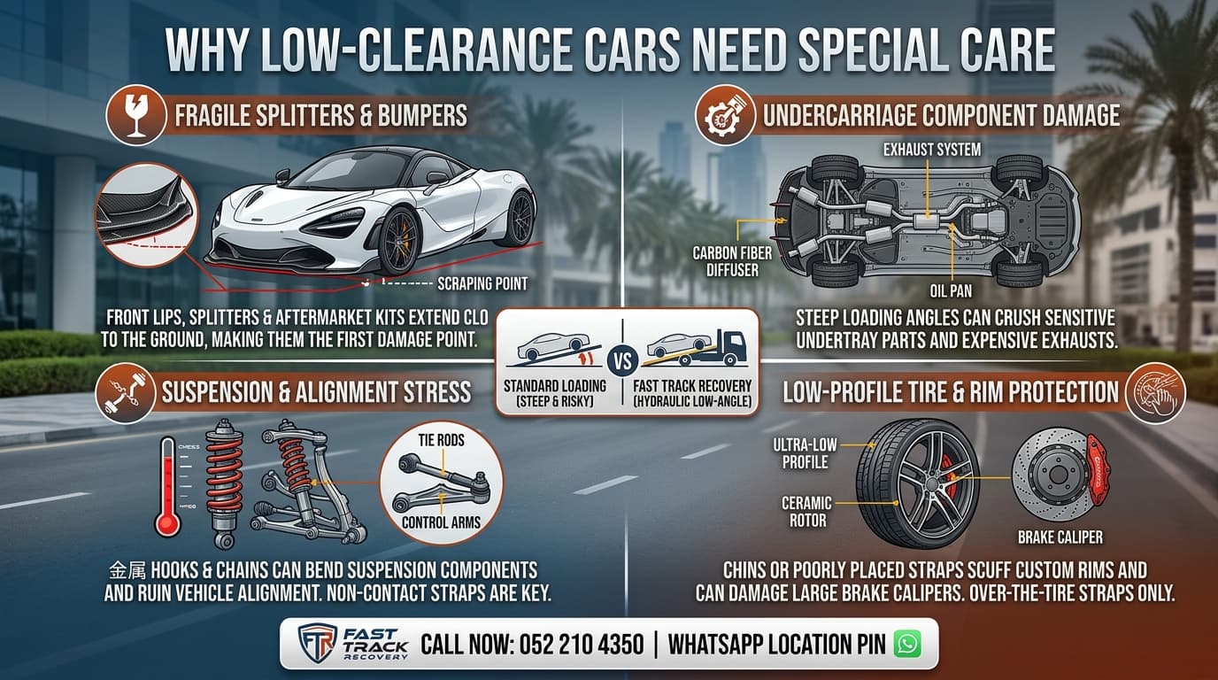 Diagram showing low-clearance car towing risks to bumpers, underbody and suspension