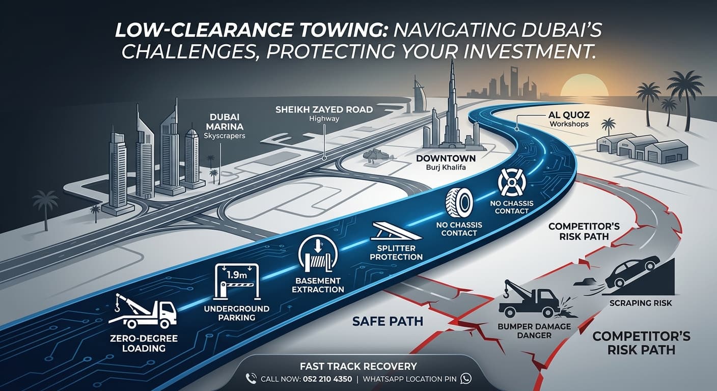 Illustration of low-clearance car towing routes and access challenges across Dubai