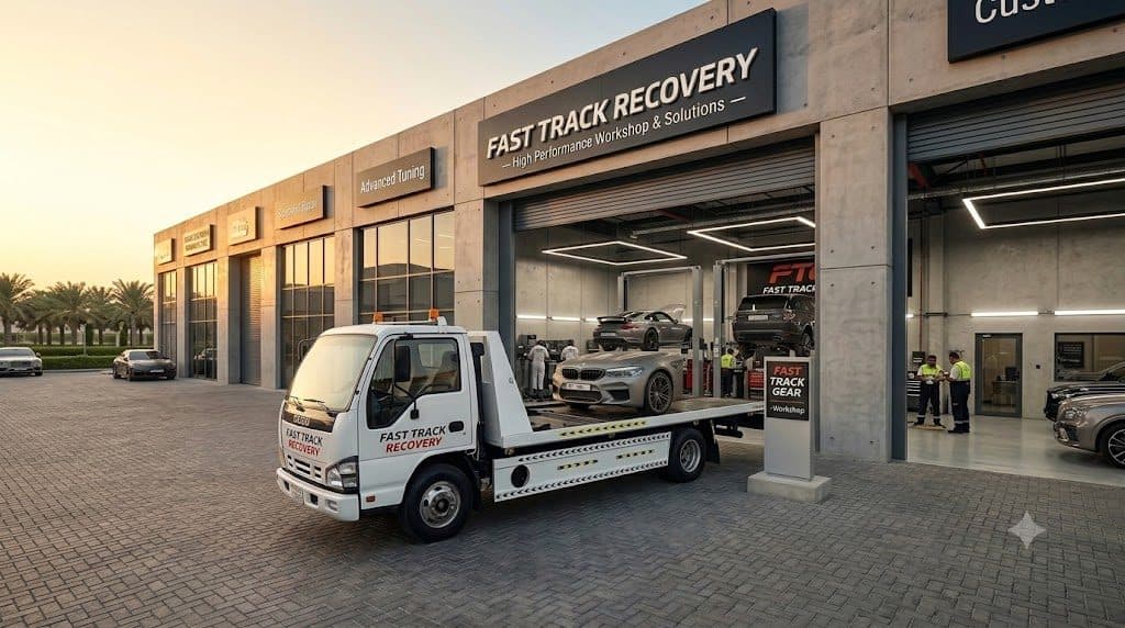 Fast Track Recovery flatbed tow truck loading a car at the workshop