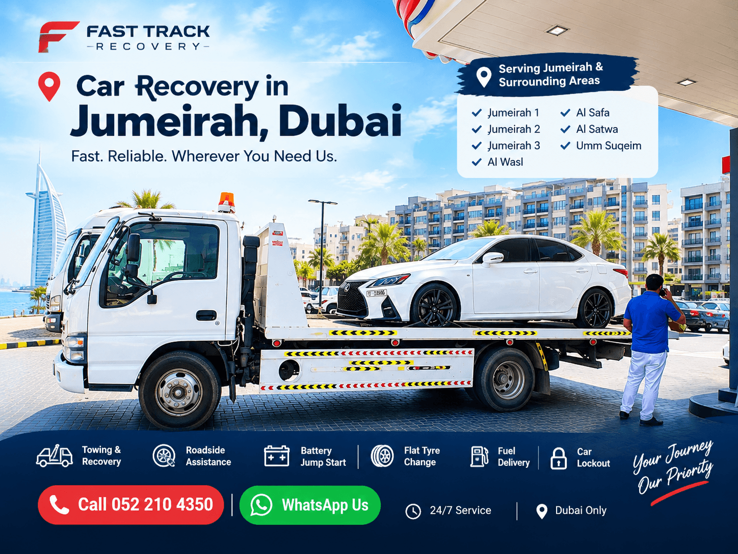 Fast Track Recovery flatbed truck carrying a car in Jumeirah, Dubai