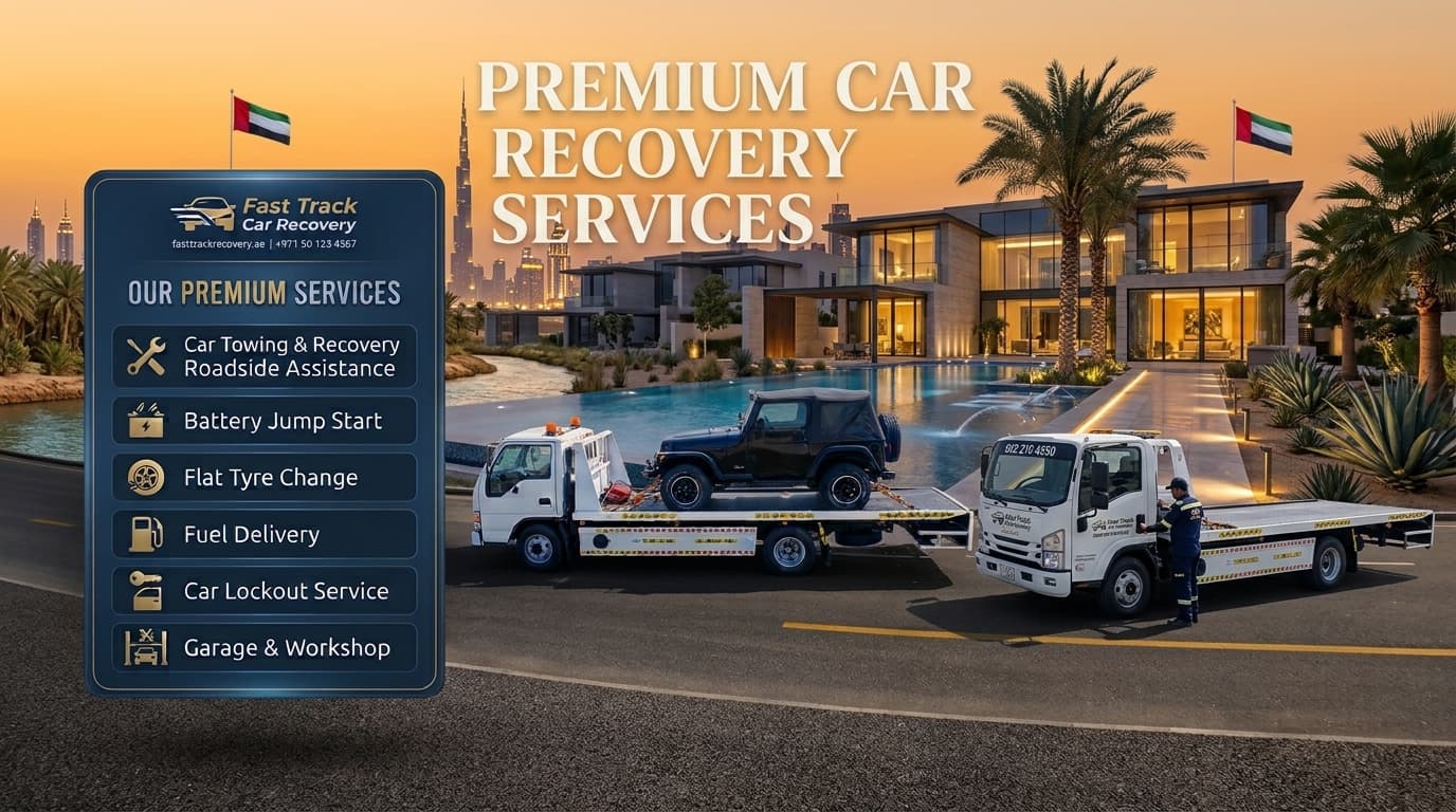Premium car recovery services in Dubai, with flatbed trucks transporting vehicles.