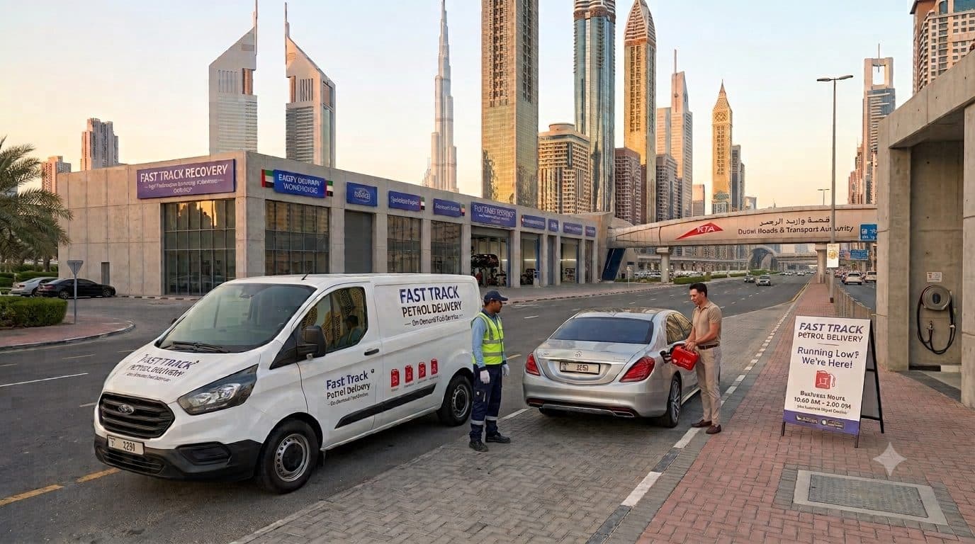 Fast Track Recovery petrol delivery van refuelling a car in Dubai