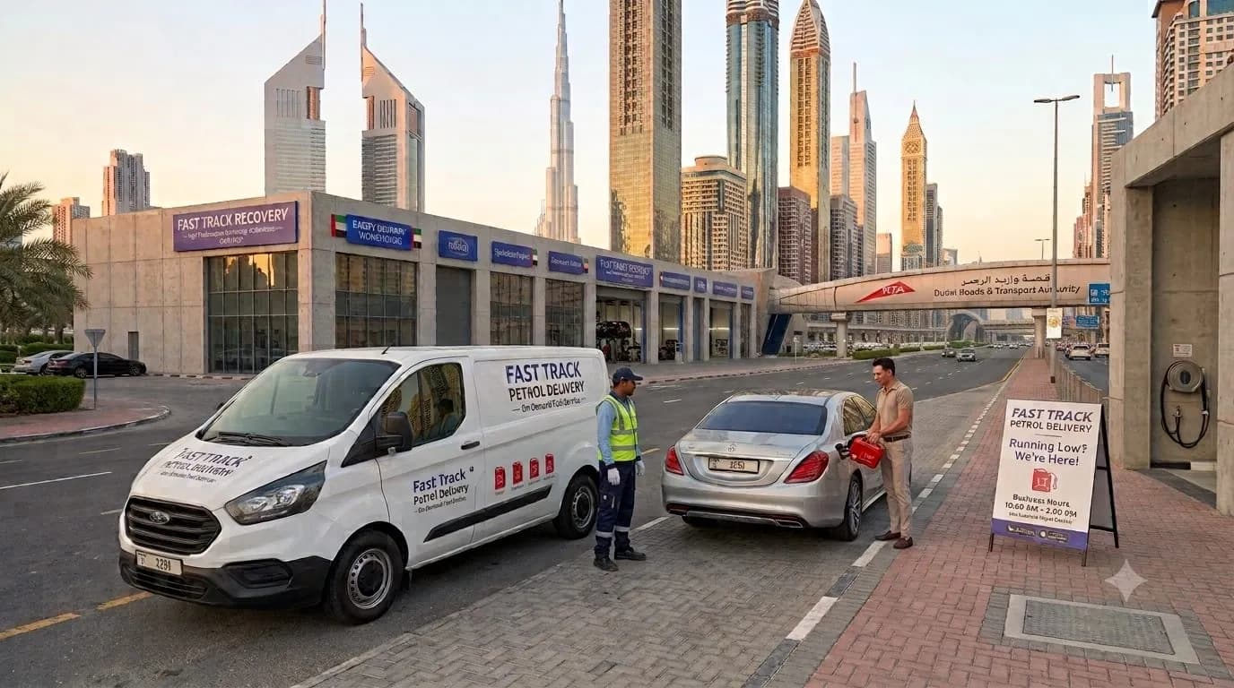 Fast Track Recovery petrol delivery van refuelling a car in Dubai