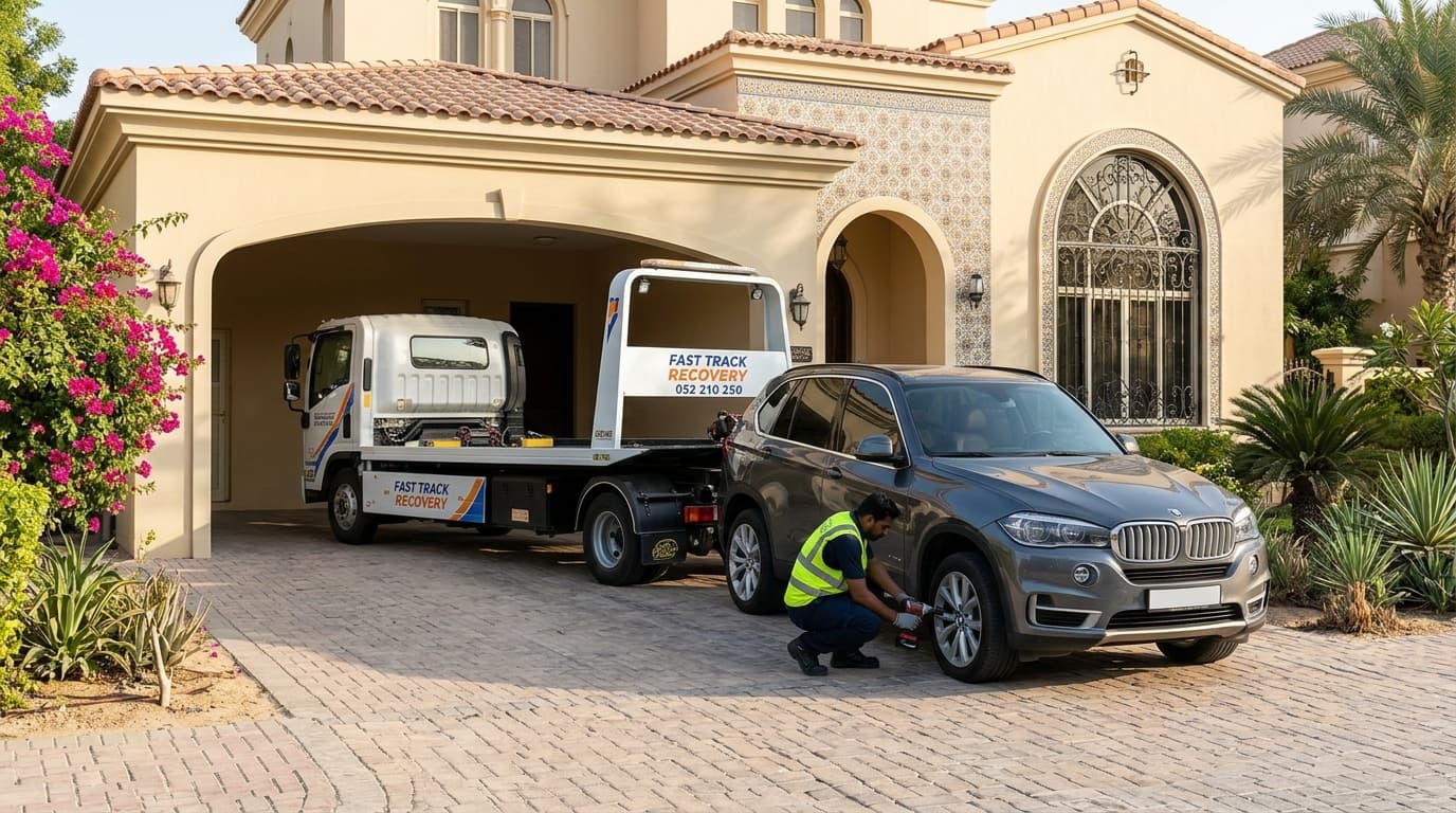 Fast Track Recovery technician assisting a car outside a home in The Meadows, Dubai
